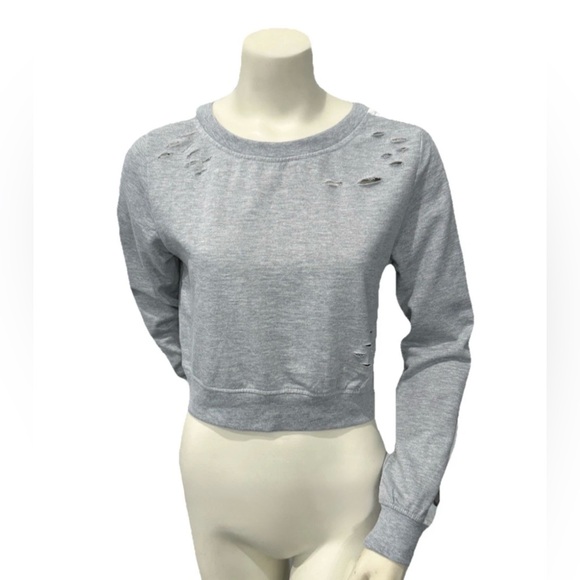 mimi new york Tops - MIMI New York Distressed Cropped Sweatshirt Gray White Stripe Grommet Sleeve M